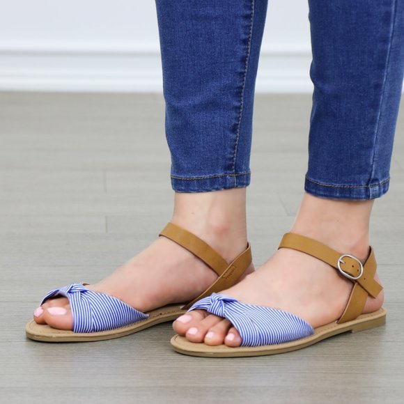 Cute Blue & White Flat Striped Sandals - Picture 4 of 9
